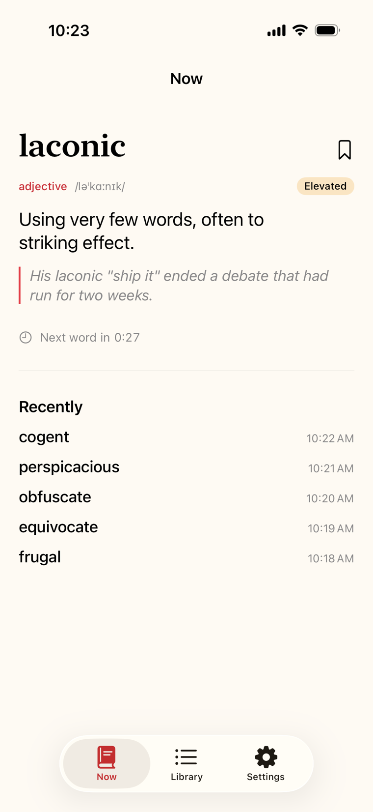 The Onymera app showing the word laconic — using very few words, often to striking effect — with an example sentence and the last five words underneath.